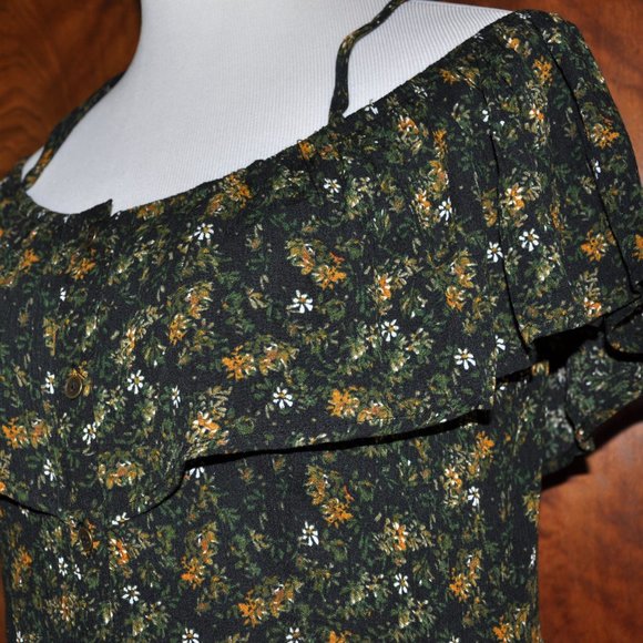 Mossimo Dark Green Floral Off Shoulder Flutter Sleeve Sun Dress Size L - Picture 9 of 9